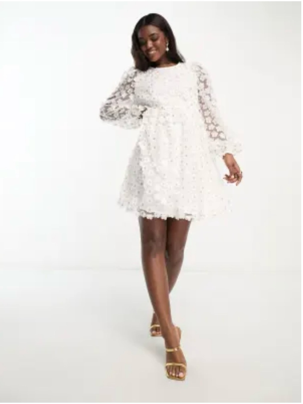 Pieces White Floral Appliqué Dress with Gold Accents